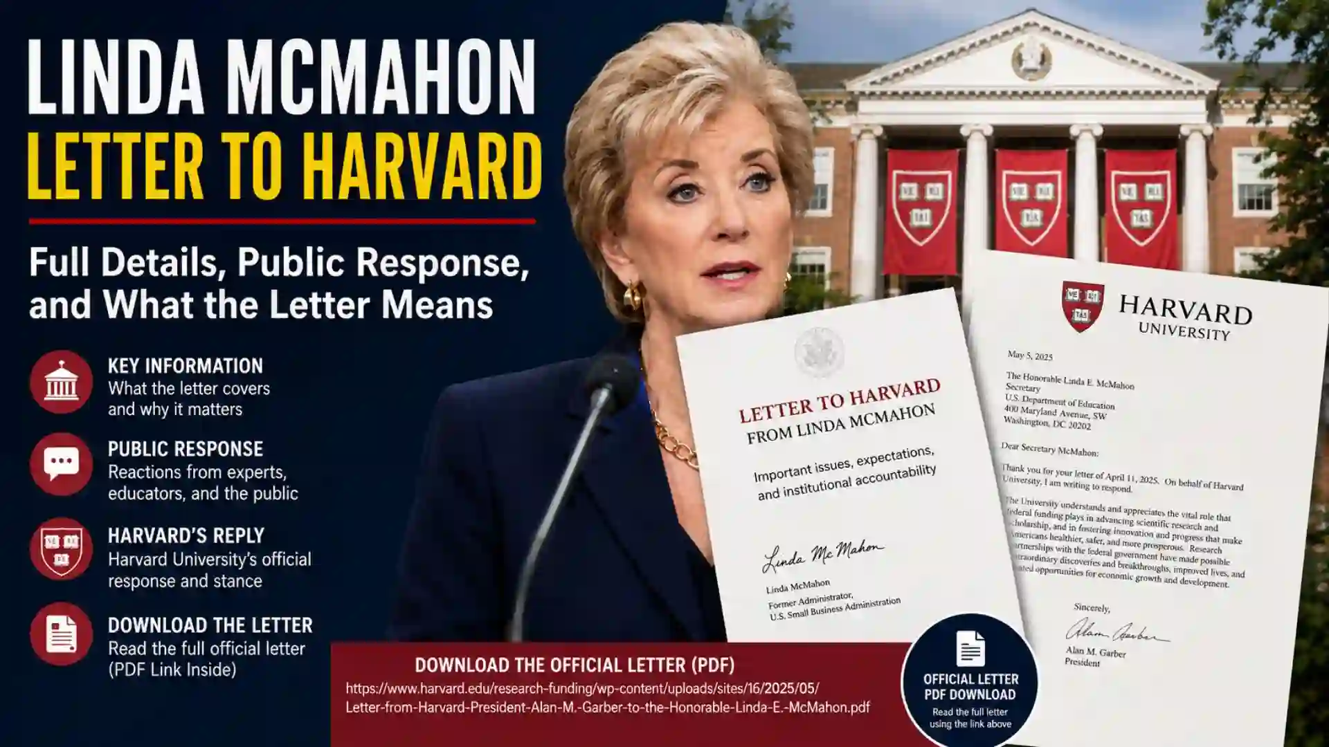 Linda McMahon Letter to Harvard 2026: Full Details, Public Response, and What the Letter Means